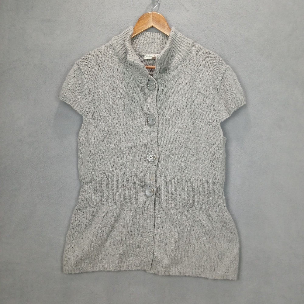 Vintage Suzie Cardigan Sweater Womens Large Gray Tight Knit Ribbed Cap Sleeve